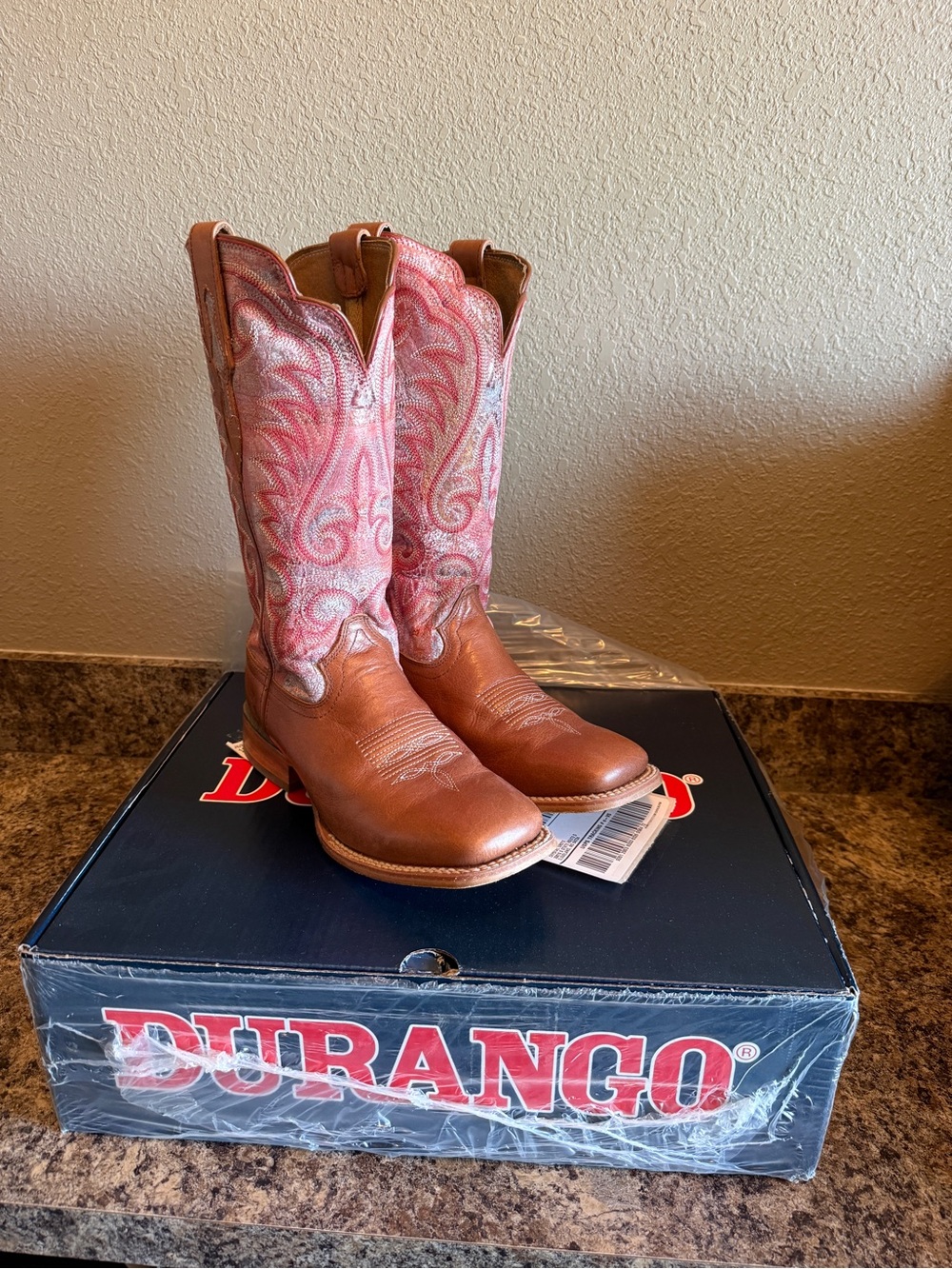 Durango Brown Cowboy Boots with Pink Embroidered Shaft Western Boots